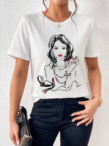SHEIN LUNE 人像圖案T恤 - 白色 - 查看 1