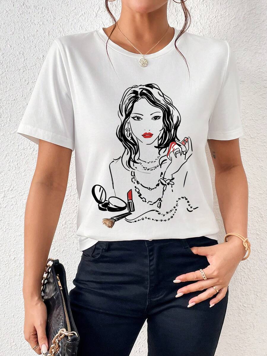 SHEIN LUNE 人像圖案T恤 - 白色 - 查看 1