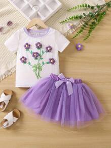 小女童印花T恤和前蝴蝶結網紗覆蓋半身裙 - 彩色 - 查看 1