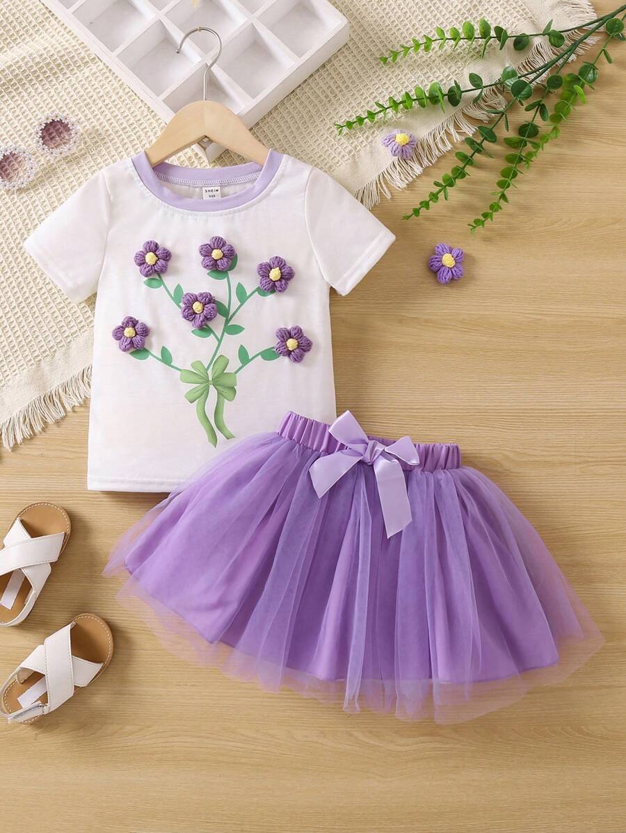 小女童印花T恤和前蝴蝶結網紗覆蓋半身裙 - 彩色 - 查看 1