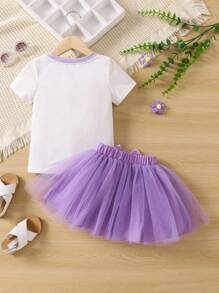 小女童印花T恤和前蝴蝶結網紗覆蓋半身裙 - 彩色 - 查看 2