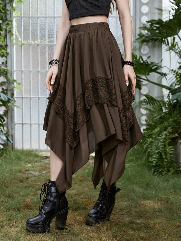 ROMWE Goth Renaissance Contrast Lace Hanky Hem Skirt