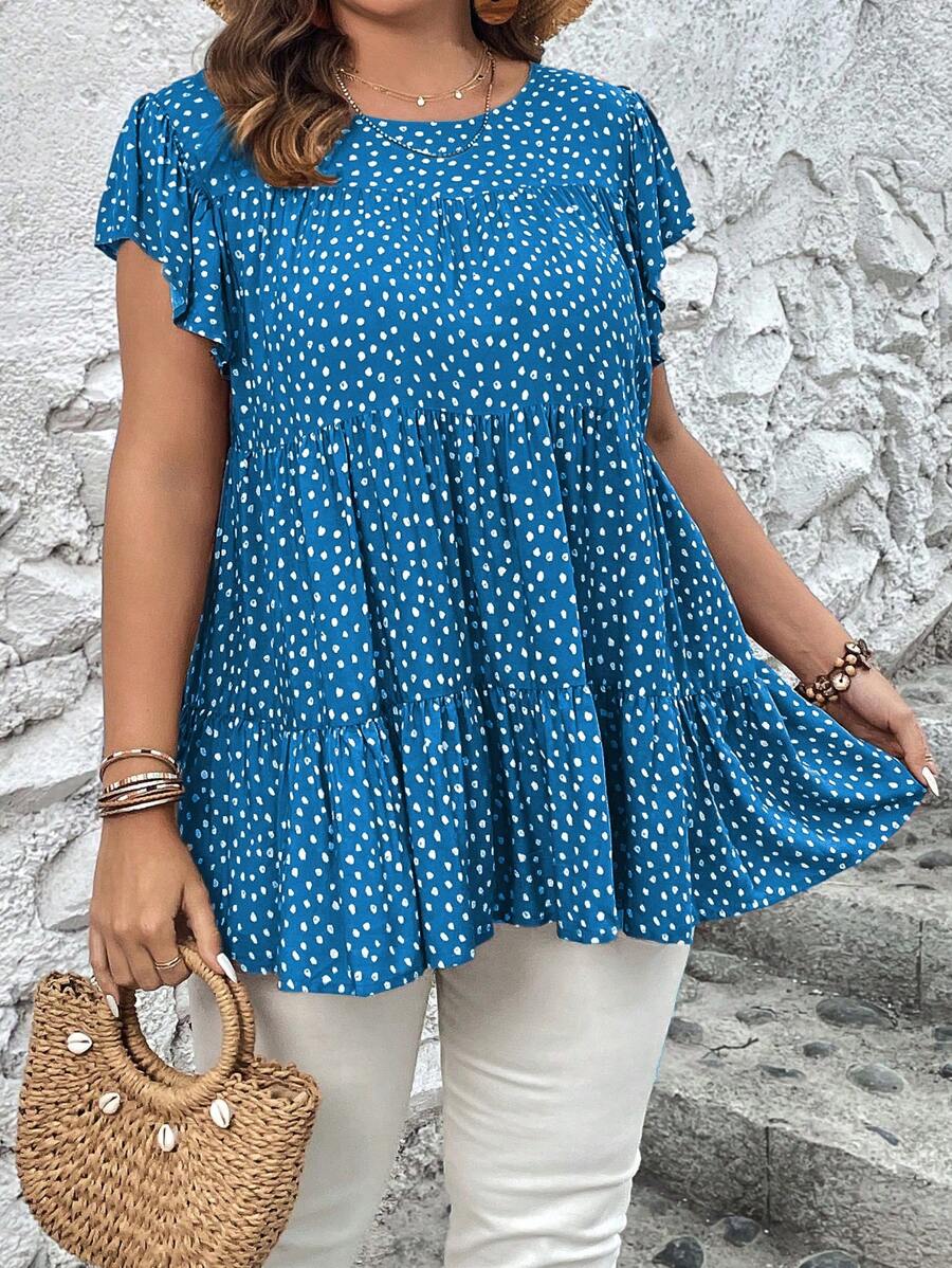 SHEIN Holidaya Plus All Over Print Butterfly Sleeve Peplum Blouse - Blue - View 1
