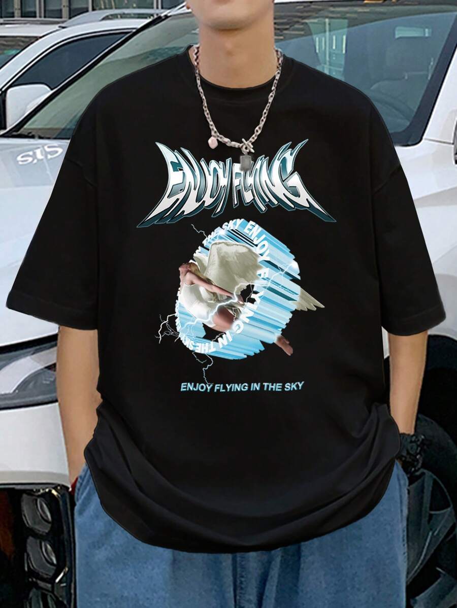 Manfinity Roghcode Hombres Camiseta de hombros caídos con estampado de figura - Negro - Ver 1