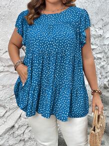 SHEIN Holidaya Plus All Over Print Butterfly Sleeve Peplum Blouse - Blue - View 5