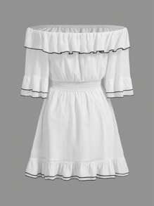 GENKIRA Off Shoulder Ruffle Trim Ruffle Hem Dress - White - View 2