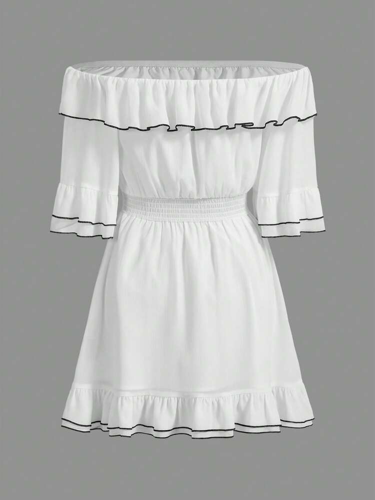 Off Shoulder Ruffle Trim Ruffle Hem Dress