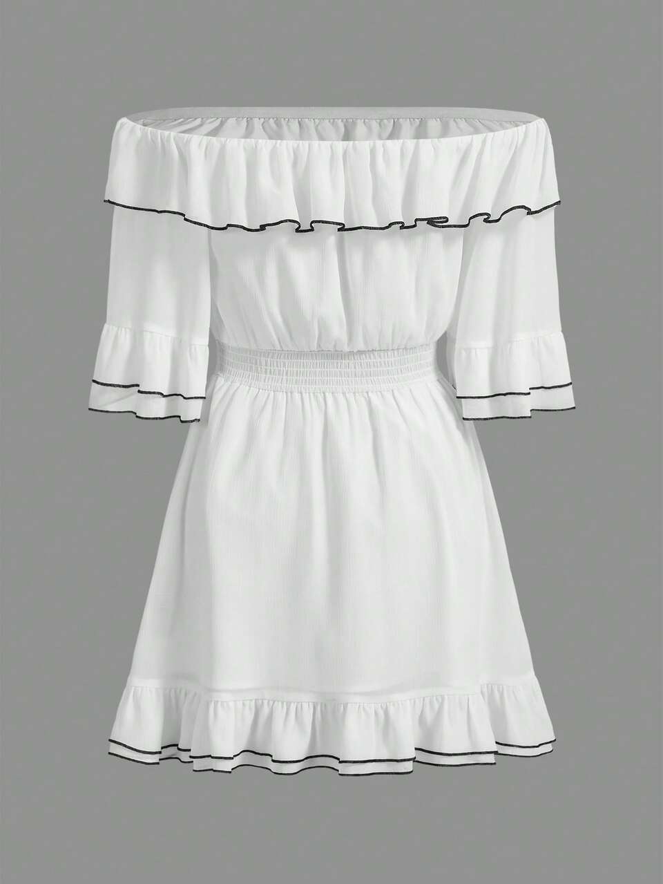Off Shoulder Ruffle Trim Ruffle Hem Dress