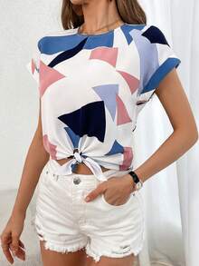 SHEIN Unity Geo Print Batwing Sleeve Knot Hem Blouse - Multicolor - View 4