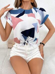 SHEIN Unity Geo Print Batwing Sleeve Knot Hem Blouse - Multicolor - View 5