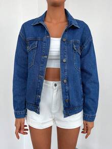 Cottnline 翻蓋口袋落肩袖牛仔夾克 - 深色水洗藍 - 查看 4