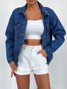 Cottnline 翻蓋口袋落肩袖牛仔夾克 - 深色水洗藍 - 查看 5