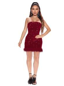 Đầm Tương phản lông thú giả ghép mộng kim sa Dây kéo màu trơn Buổi tiệc - Màu Đỏ Sâu - Xem 1