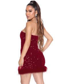 Đầm Tương phản lông thú giả ghép mộng kim sa Dây kéo màu trơn Buổi tiệc - Màu Đỏ Sâu - Xem 2