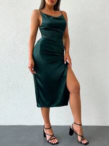 RueChic Draped Collar Split Thigh Cami Dress - Dark Green - View 6