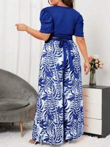SHEIN Privé Plus Puff Sleeve Crisscross Tie Back Crop Top & Tropical Print Wide Leg Pants,Holiday Outfits Boho
