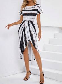 SHEIN Privé Colorblock Print Tulip Hem Dress