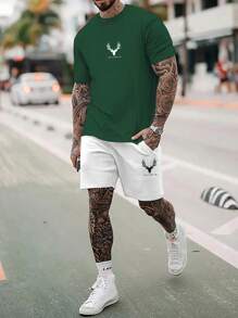 Manfinity Homme 男士鹿圖案T恤和短褲 - 綠色 - 查看 1