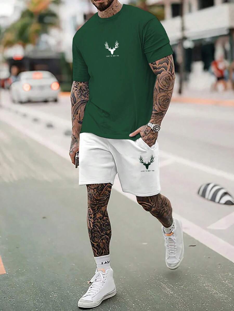 Manfinity Homme 男士鹿圖案T恤和短褲 - 綠色 - 查看 1