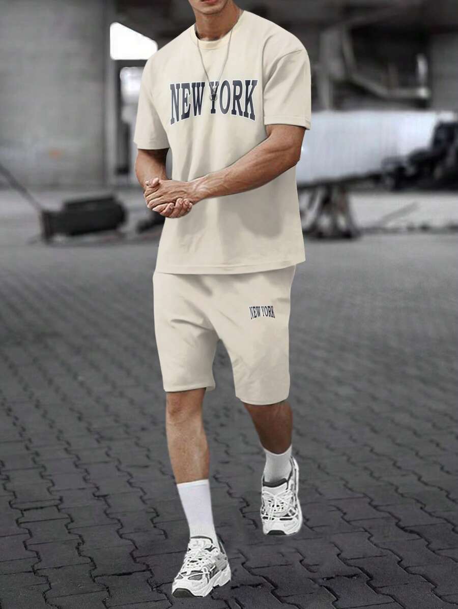 Aesthetic Post 男士字母圖案T恤和腰部抽繩短褲套裝 - 杏色 - 查看 1