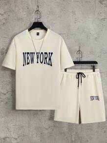 Aesthetic Post 男士字母圖案T恤和腰部抽繩短褲套裝 - 杏色 - 查看 2