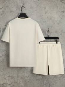 Aesthetic Post 男士字母圖案T恤和腰部抽繩短褲套裝 - 杏色 - 查看 3