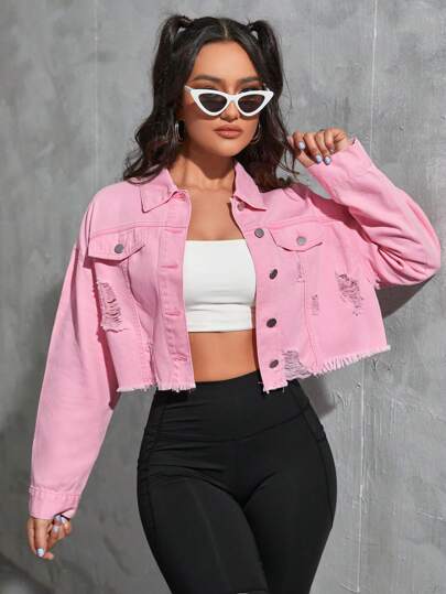 SHEIN Qutie Raw Hem Ripped Crop Denim Jacket