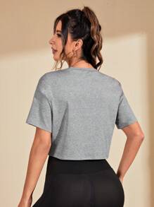 Easithlete Letter Graphic Drop Shoulder Crop Sports Tee Gym Top - Light Grey - View 2