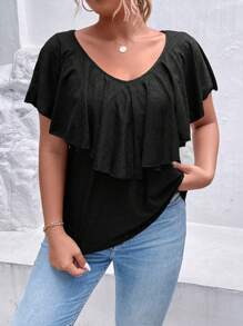 SHEIN Clasi Plus Ruffle Trim Tee - Black - View 4