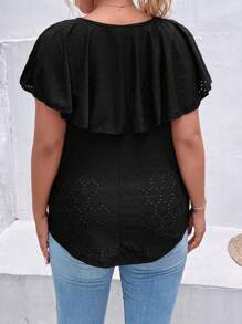 SHEIN Clasi Plus Ruffle Trim Tee - Black - View 2