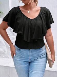 SHEIN Clasi Plus Ruffle Trim Tee - Black - View 3