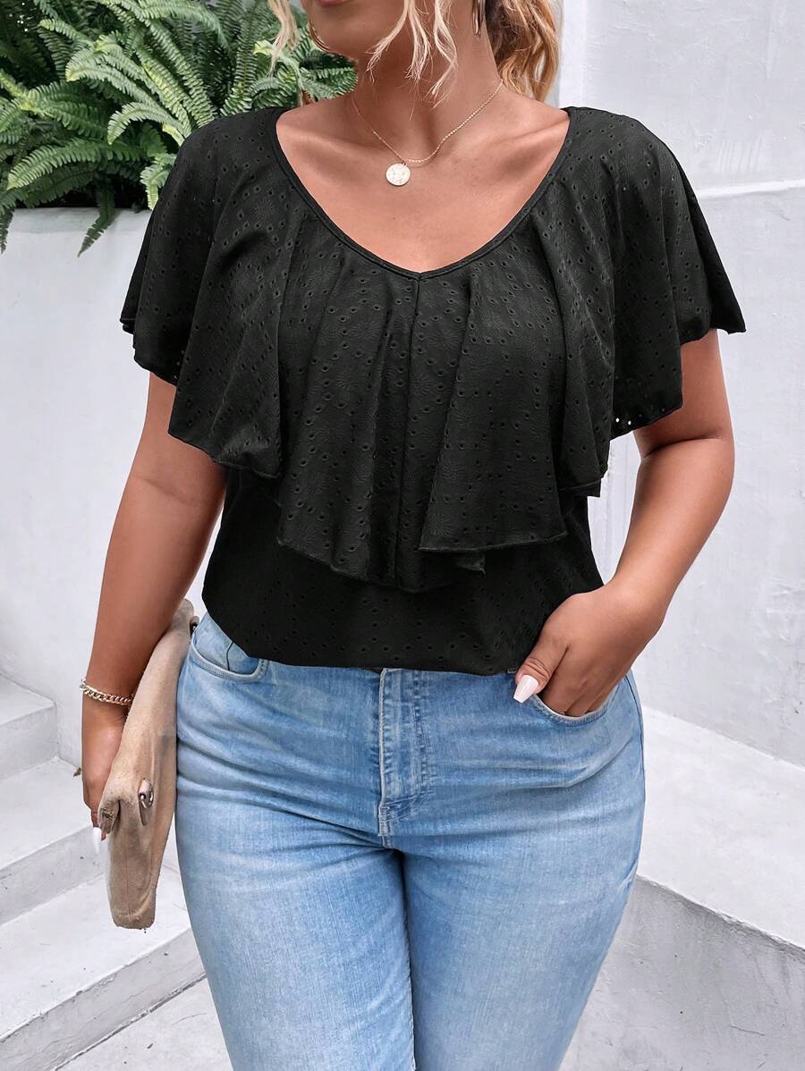 SHEIN Clasi Plus Ruffle Trim Tee - Black - View 1