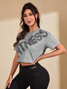 Easithlete Letter Graphic Drop Shoulder Crop Sports Tee Gym Top - Light Grey - View 5