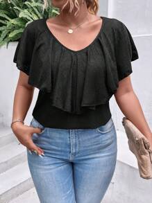 SHEIN Clasi Plus Ruffle Trim Tee - Black - View 5