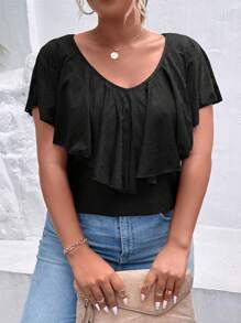 SHEIN Clasi Plus Ruffle Trim Tee - Black - View 7