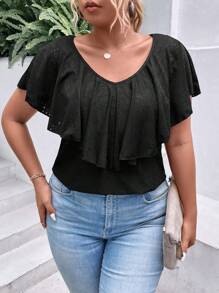 SHEIN Clasi Plus Ruffle Trim Tee - Black - View 8