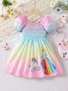 SHEIN 少女獨角獸印花漸變泡泡袖裙 - 彩色 - 查看 1