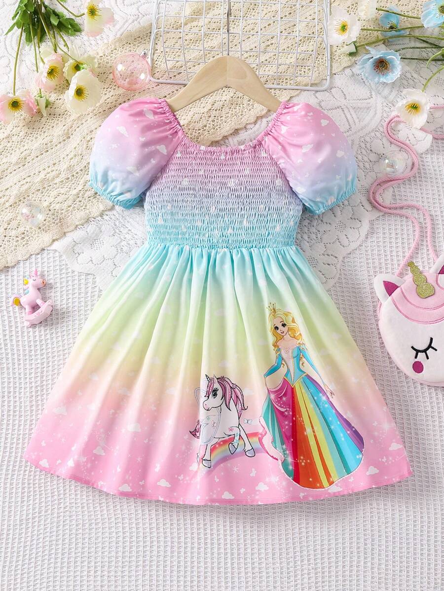 SHEIN 少女獨角獸印花漸變泡泡袖裙 - 彩色 - 查看 1