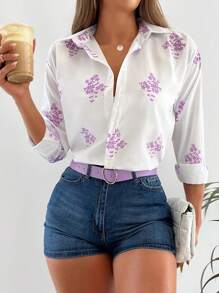 EURMUSE Floral Print Button Up Shirt