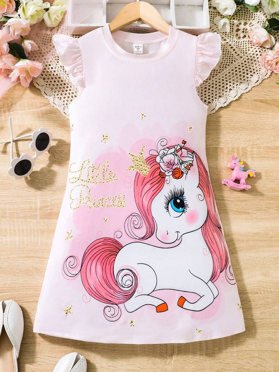 SHEIN 女孩獨角獸印花荷葉邊連衣裙 - 粉色 - 查看 1