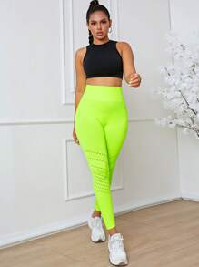 Easithlete 鏤空寬腰帶運動打底褲 - 青檸色 - 查看 4