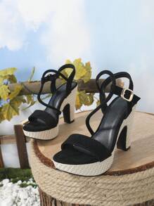 女士仿麂皮防水台粗跟踝帶度假涼鞋 - 黑色 - 查看 2