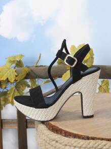 女士仿麂皮防水台粗跟踝帶度假涼鞋 - 黑色 - 查看 4