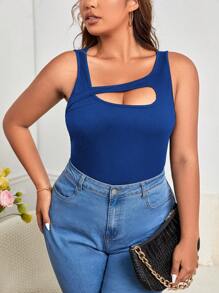 SHEIN Essnce Áo hai dây Plus Size Cắt ra Gân đan màu trơn Giải trí - Xanh đậm - Xem 1