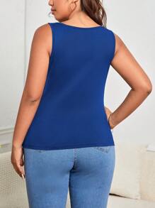 SHEIN Essnce Áo hai dây Plus Size Cắt ra Gân đan màu trơn Giải trí - Xanh đậm - Xem 2