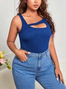 SHEIN Essnce Áo hai dây Plus Size Cắt ra Gân đan màu trơn Giải trí - Xanh đậm - Xem 4