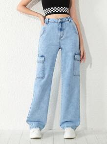 青少年女孩側翻蓋口袋工裝牛仔褲 - 淺色水洗藍 - 查看 3