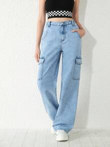 青少年女孩側翻蓋口袋工裝牛仔褲 - 淺色水洗藍 - 查看 4