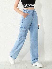 青少年女孩側翻蓋口袋工裝牛仔褲 - 淺色水洗藍 - 查看 5