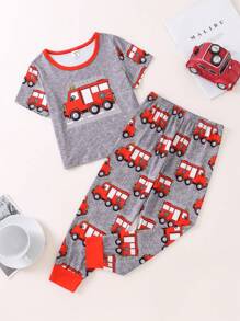 Toddler Boys Car Print Contrast Binding PJ Set - Dark Grey - View 1